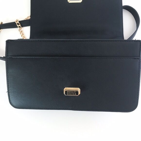 Badgley Mischka Crossbody Purse Bag Black Quilted Gold Studs Chain Faux Leather - Picture 8 of 10